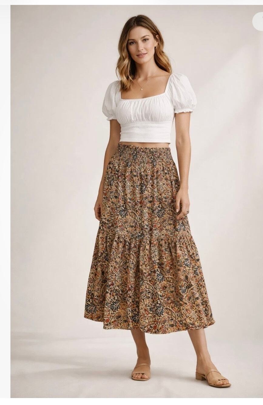 Evereve Olivia Paisley Tiered Peasant Skirt Sz S Smocked Waist Pull On